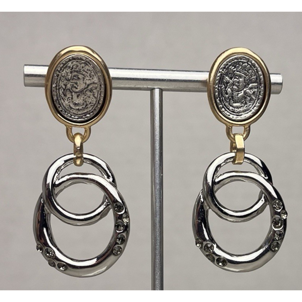 Mayan Aztec Coin Medallion Earrings Hoop Rhinestone Gold Silver Two Tone Tribal - Picture 9 of 9